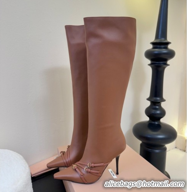 Best Product Miu Miu Leather High Heel Boots with Strap Buckle Brown MIU082603 0826018