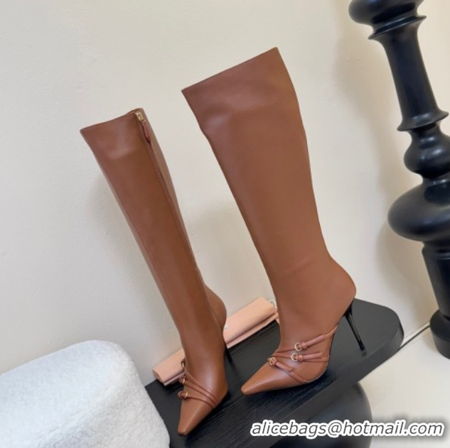 Best Product Miu Miu Leather High Heel Boots with Strap Buckle Brown MIU082603 0826018