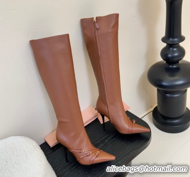 Best Product Miu Miu Leather High Heel Boots with Strap Buckle Brown MIU082603 0826018