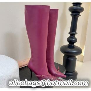 Top Grade Miu Miu Leather High Heel Boots with Strap Buckle Purple MIU082603 50826019