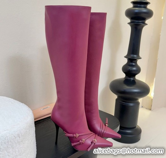 Top Grade Miu Miu Leather High Heel Boots with Strap Buckle Purple MIU082603 50826019