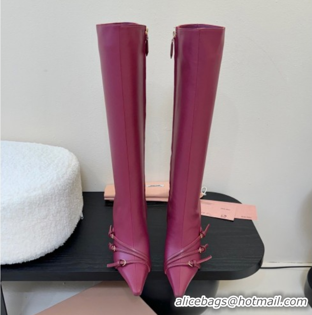 Top Grade Miu Miu Leather High Heel Boots with Strap Buckle Purple MIU082603 50826019