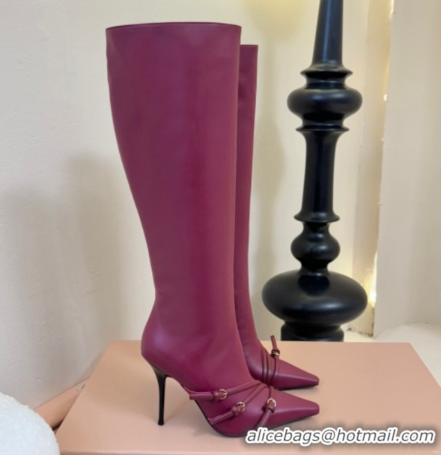 Top Grade Miu Miu Leather High Heel Boots with Strap Buckle Purple MIU082603 50826019