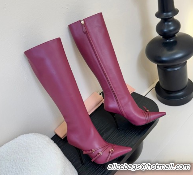 Top Grade Miu Miu Leather High Heel Boots with Strap Buckle Purple MIU082603 50826019