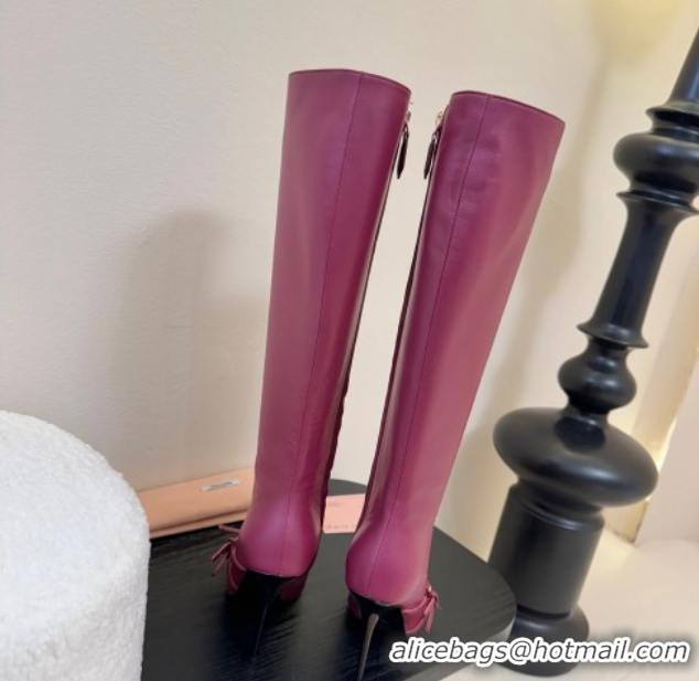 Top Grade Miu Miu Leather High Heel Boots with Strap Buckle Purple MIU082603 50826019