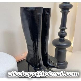 Grade Miu Miu Oiled Leather High Heel Boots with Strap Buckle Black MIU082603 50826020