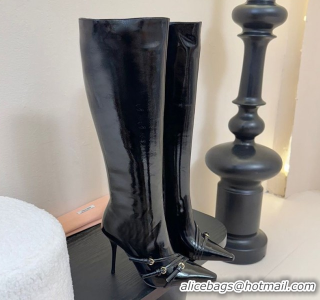 Grade Miu Miu Oiled Leather High Heel Boots with Strap Buckle Black MIU082603 50826020
