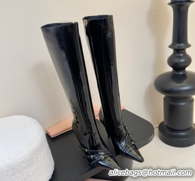 Grade Miu Miu Oiled Leather High Heel Boots with Strap Buckle Black MIU082603 50826020