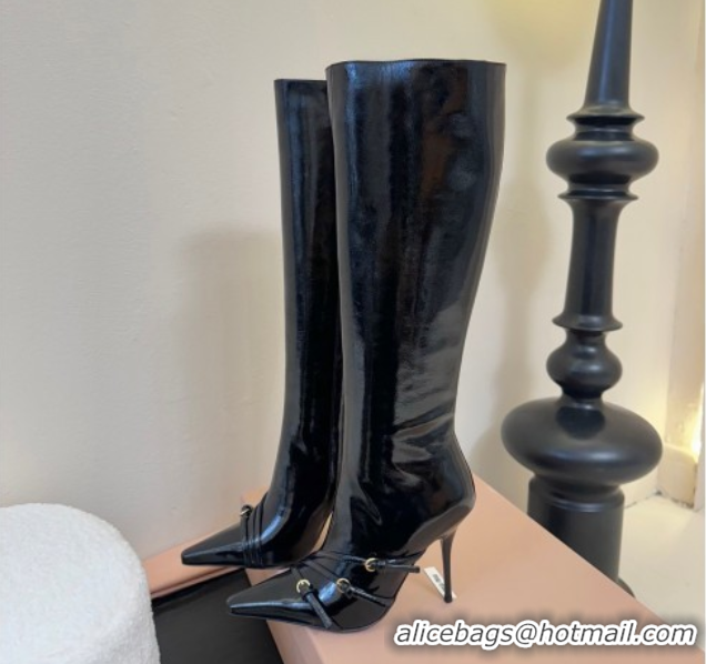 Grade Miu Miu Oiled Leather High Heel Boots with Strap Buckle Black MIU082603 50826020