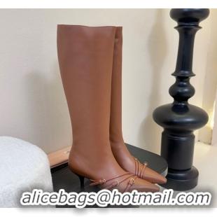 Low Cost Miu Miu Leather Low Heel High Boots with Buckle Brown MIU082603 50826021