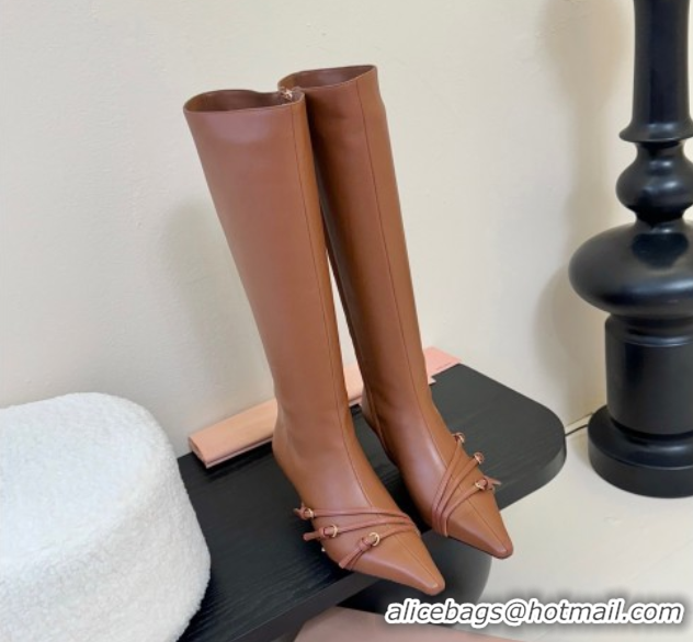 Low Cost Miu Miu Leather Low Heel High Boots with Buckle Brown MIU082603 50826021