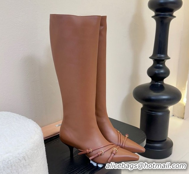 Low Cost Miu Miu Leather Low Heel High Boots with Buckle Brown MIU082603 50826021