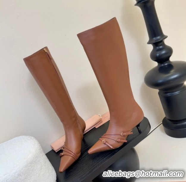 Low Cost Miu Miu Leather Low Heel High Boots with Buckle Brown MIU082603 50826021