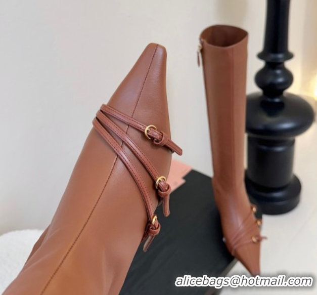 Low Cost Miu Miu Leather Low Heel High Boots with Buckle Brown MIU082603 50826021