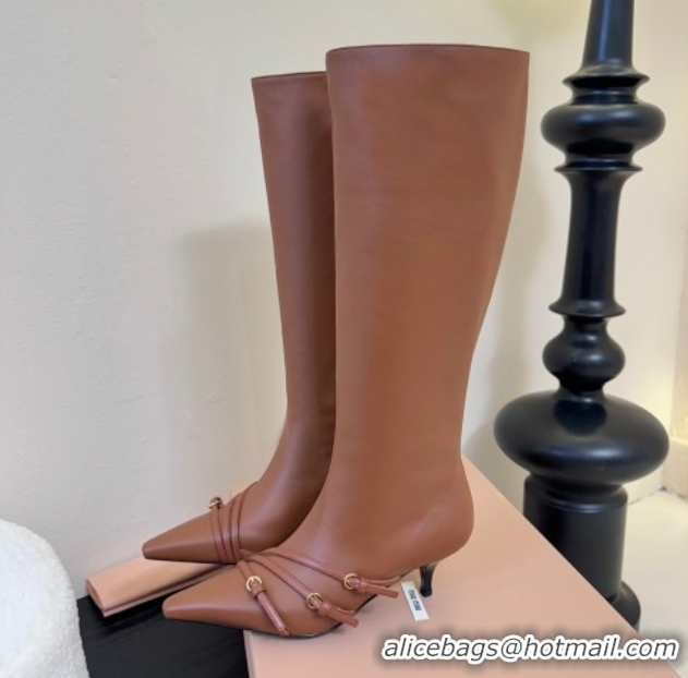 Low Cost Miu Miu Leather Low Heel High Boots with Buckle Brown MIU082603 50826021