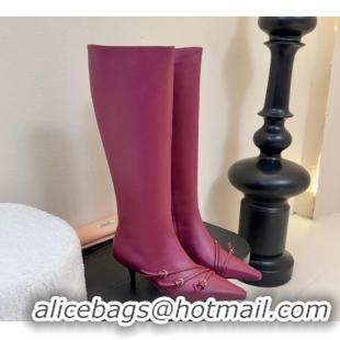 Good Looking Miu Miu Leather Low Heel High Boots with Buckle Purple 2025 MIU082603 50826022