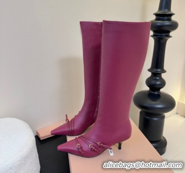 Good Looking Miu Miu Leather Low Heel High Boots with Buckle Purple 2025 MIU082603 50826022