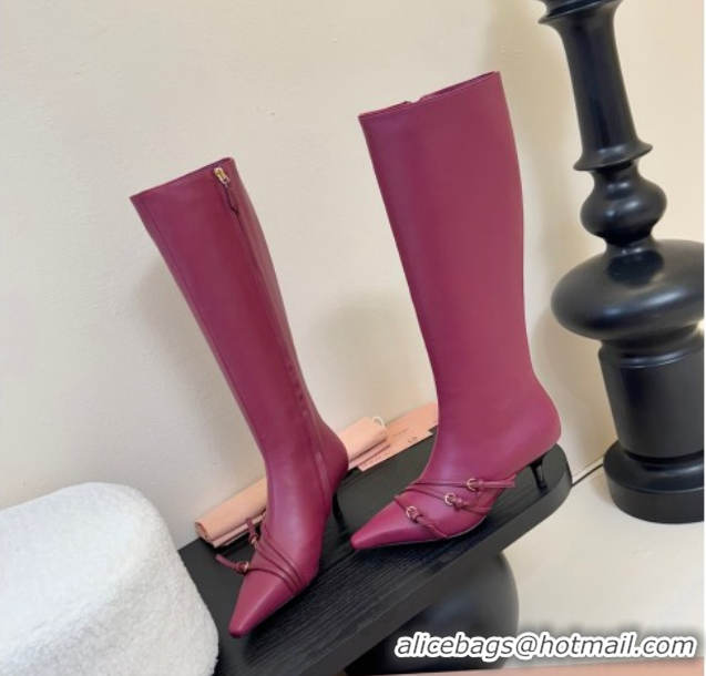 Good Looking Miu Miu Leather Low Heel High Boots with Buckle Purple 2025 MIU082603 50826022