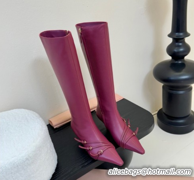 Good Looking Miu Miu Leather Low Heel High Boots with Buckle Purple 2025 MIU082603 50826022