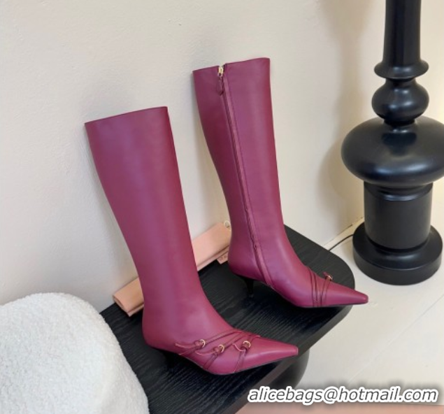 Good Looking Miu Miu Leather Low Heel High Boots with Buckle Purple 2025 MIU082603 50826022