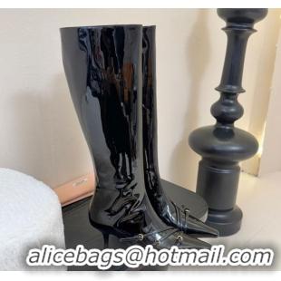 Top Design Miu Miu Patent Leather Low Heel High Boots with Buckle Black 2025 MIU082603 50826023