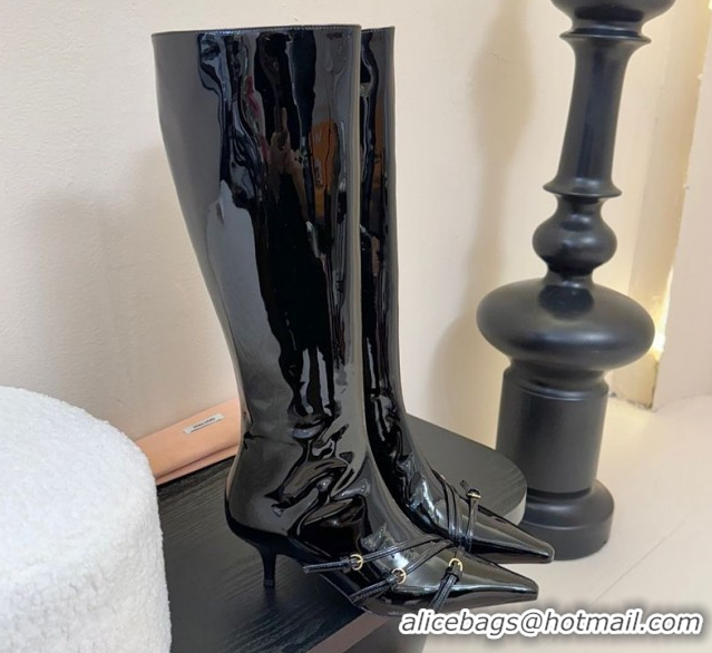 Top Design Miu Miu Patent Leather Low Heel High Boots with Buckle Black 2025 MIU082603 50826023
