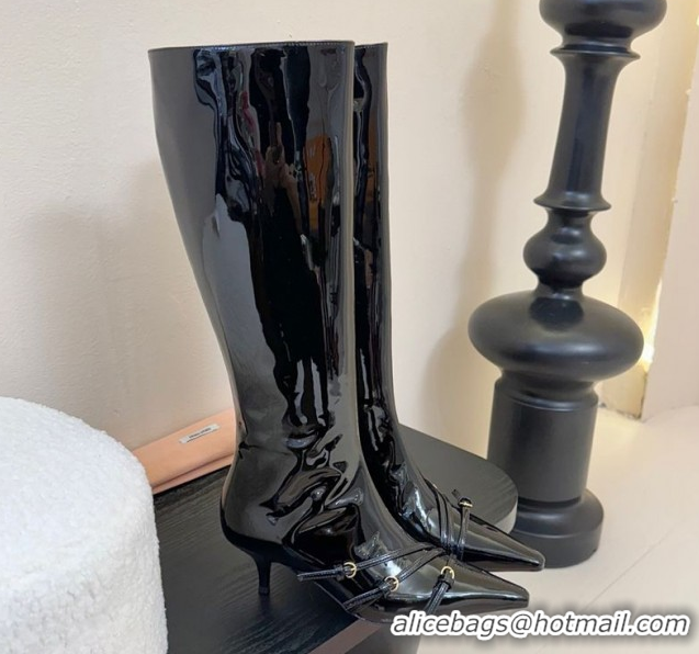 Top Design Miu Miu Patent Leather Low Heel High Boots with Buckle Black 2025 MIU082603 50826023