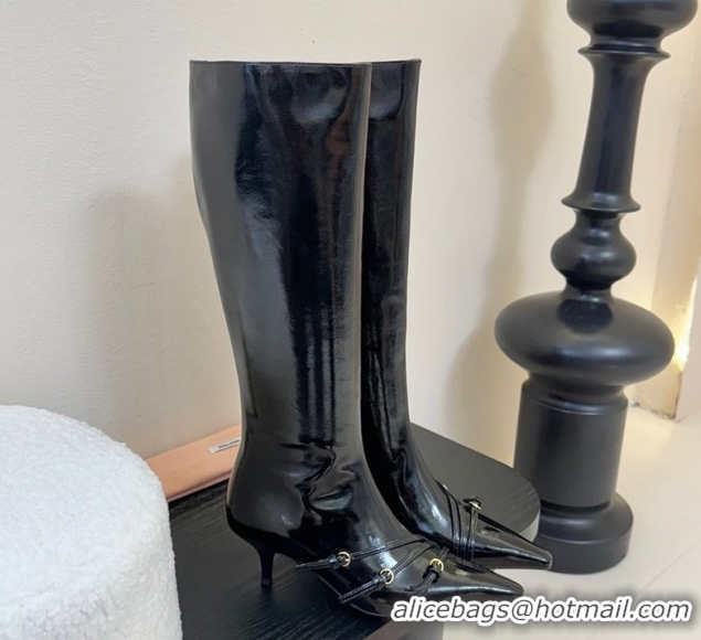 Low Price Miu Miu Oiled Leather Low Heel High Boots with Buckle Black MIU082603 50826024