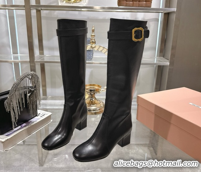 Luxurious Miu Miu Nappa Leather Heel High Boots 6cm with Buckle Black 5W548E 50826025
