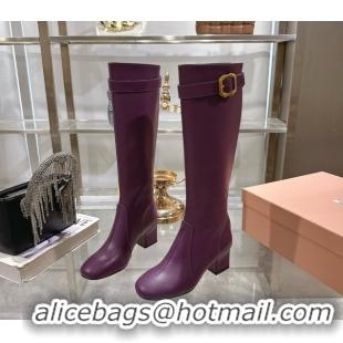 Good Product Miu Miu Nappa Leather Heel High Boots 6cm with Buckle Purple 5W548E 50826026