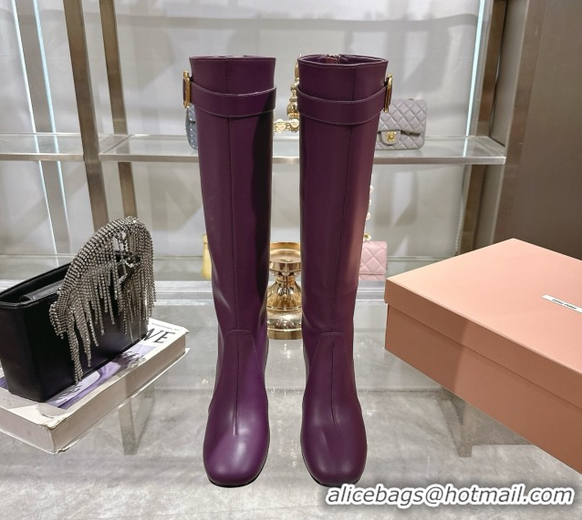 Good Product Miu Miu Nappa Leather Heel High Boots 6cm with Buckle Purple 5W548E 50826026