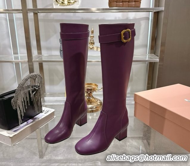 Good Product Miu Miu Nappa Leather Heel High Boots 6cm with Buckle Purple 5W548E 50826026
