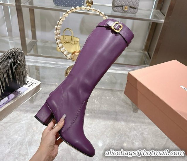 Good Product Miu Miu Nappa Leather Heel High Boots 6cm with Buckle Purple 5W548E 50826026