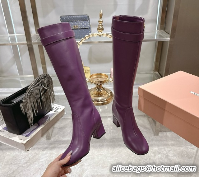 Good Product Miu Miu Nappa Leather Heel High Boots 6cm with Buckle Purple 5W548E 50826026