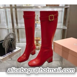 Luxury Cheap Miu Miu Nappa Leather Heel High Boots 6cm with Buckle Red 2025 5W548E 50826027
