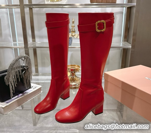 Luxury Cheap Miu Miu Nappa Leather Heel High Boots 6cm with Buckle Red 2025 5W548E 50826027