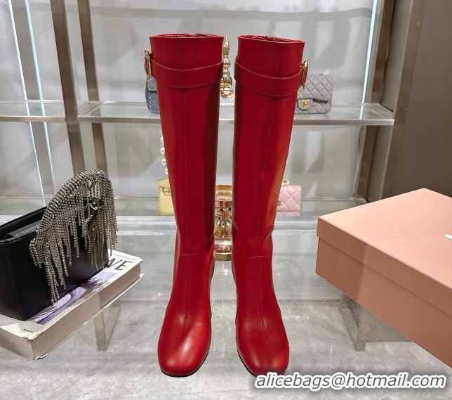 Luxury Cheap Miu Miu Nappa Leather Heel High Boots 6cm with Buckle Red 2025 5W548E 50826027