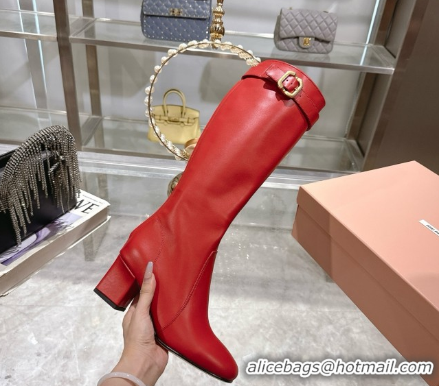 Luxury Cheap Miu Miu Nappa Leather Heel High Boots 6cm with Buckle Red 2025 5W548E 50826027