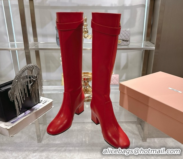 Luxury Cheap Miu Miu Nappa Leather Heel High Boots 6cm with Buckle Red 2025 5W548E 50826027