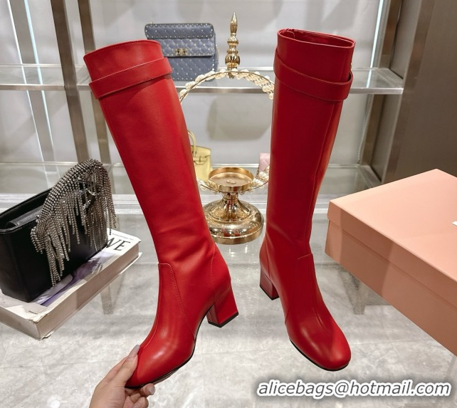 Luxury Cheap Miu Miu Nappa Leather Heel High Boots 6cm with Buckle Red 2025 5W548E 50826027