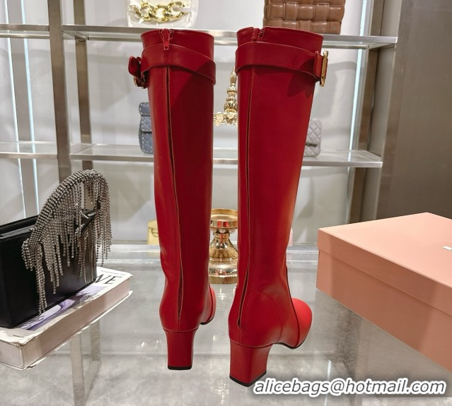 Luxury Cheap Miu Miu Nappa Leather Heel High Boots 6cm with Buckle Red 2025 5W548E 50826027