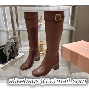 Luxury Miu Miu Nappa Leather Heel High Boots 6cm with Buckle Brown 5W548E 0826028
