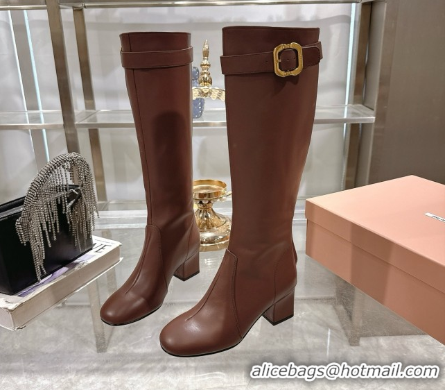 Luxury Miu Miu Nappa Leather Heel High Boots 6cm with Buckle Brown 5W548E 0826028