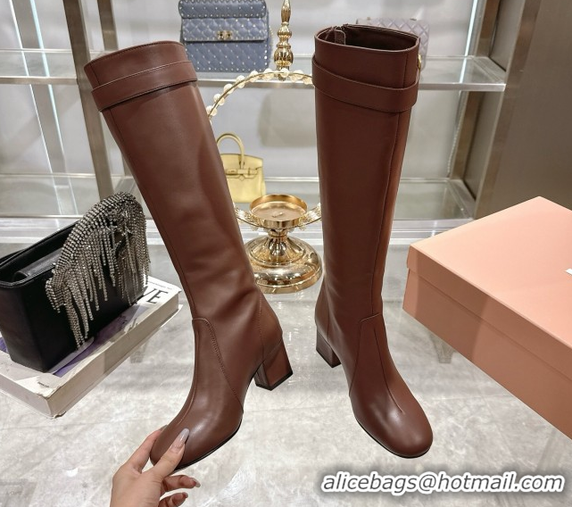 Luxury Miu Miu Nappa Leather Heel High Boots 6cm with Buckle Brown 5W548E 0826028