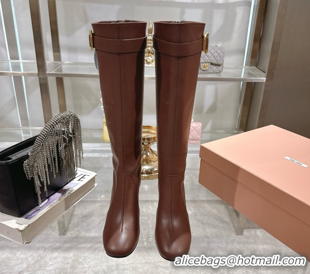 Luxury Miu Miu Nappa Leather Heel High Boots 6cm with Buckle Brown 5W548E 0826028