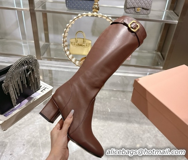 Luxury Miu Miu Nappa Leather Heel High Boots 6cm with Buckle Brown 5W548E 0826028