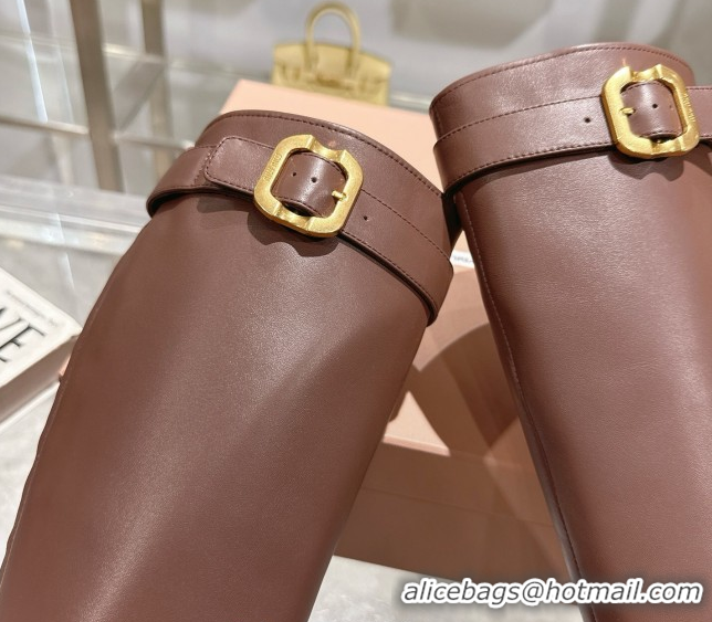 Luxury Miu Miu Nappa Leather Heel High Boots 6cm with Buckle Brown 5W548E 0826028