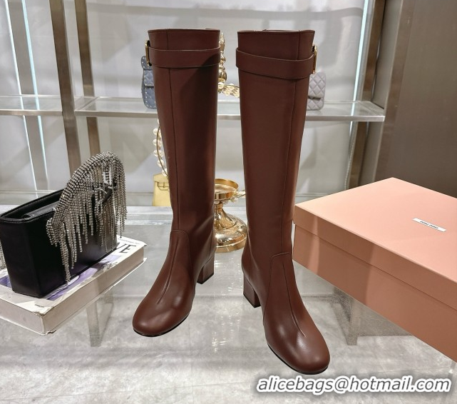 Luxury Miu Miu Nappa Leather Heel High Boots 6cm with Buckle Brown 5W548E 0826028
