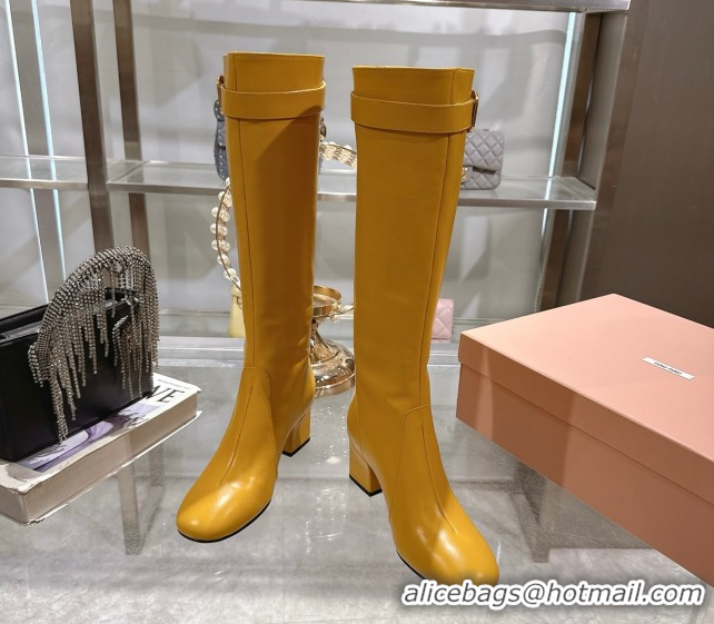 Most Popular Miu Miu Nappa Leather Heel High Boots 6cm with Buckle Yellow 5W548E 0826029
