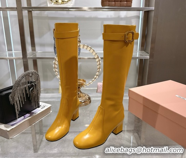 Most Popular Miu Miu Nappa Leather Heel High Boots 6cm with Buckle Yellow 5W548E 0826029
